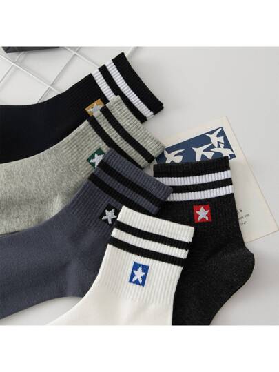 5pairs/pack Two Stripe Men's Socks Mid-calf Length Sweat-absorbent, Odor-resistant, Durable, Sports & Casual Socks