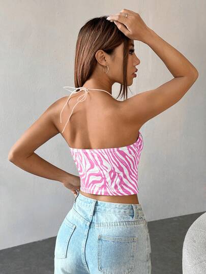 SHEIN EZwear Топ-халтер с узором зебры с открытой спиной и узлом