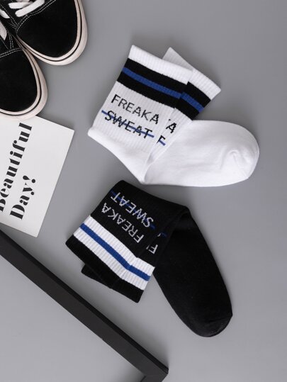2 Pairs Black & White Letter & Bar Pattern Mid-calf Socks