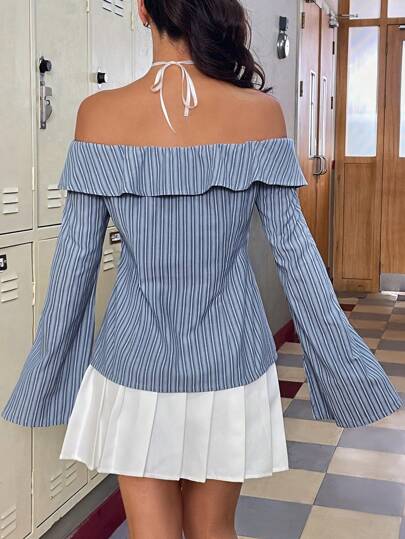 SHEIN Qutie Блуза в полоску с открытыми плечами с с цветком с узлом