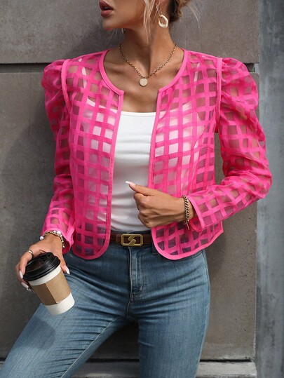 Solid Puff Sleeve Open Front Jacket