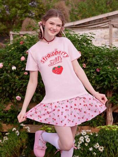 Kawaii Camiseta con letra con estampado de fresa
