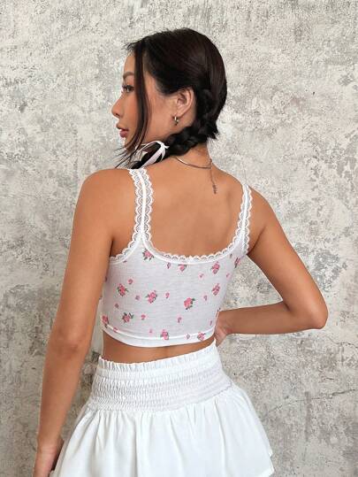 SHEIN EZwear Кроп майка с цветочным принтом с кружевной отделкой