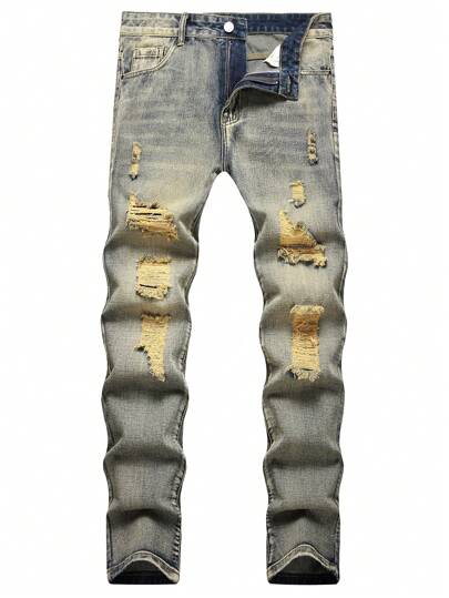 Men Ripped Frayed Bleach Wash Jeans