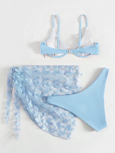 Push Up Bikini Swimsuit With Butterfly Appliques Beach Skirt