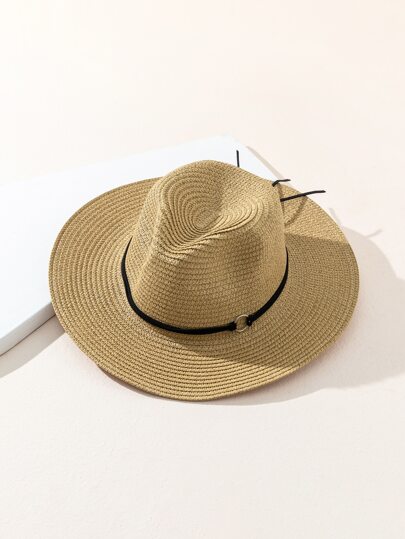 Men Belt Decor Straw Hat