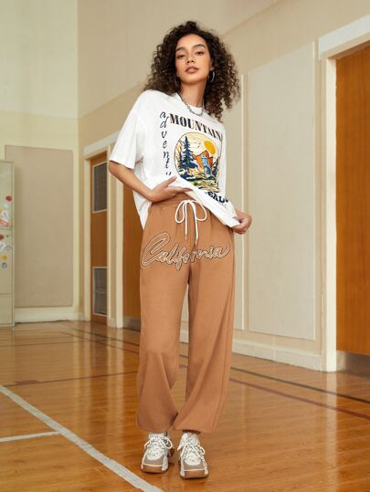 SHEIN EZwear Брюки с текстовым принтом на кулиске