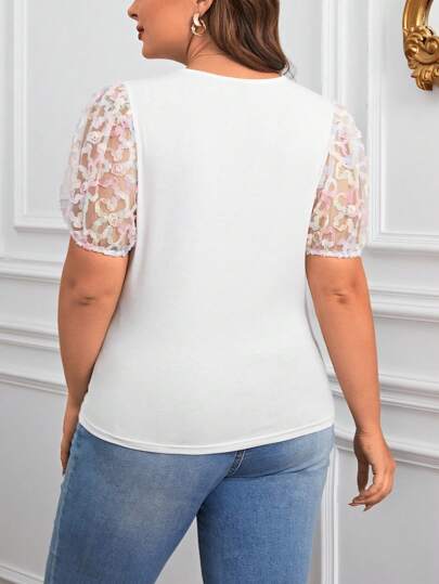 SHEIN Unity размера плюс Футболка контрастный сетчатый с пышным рукавом