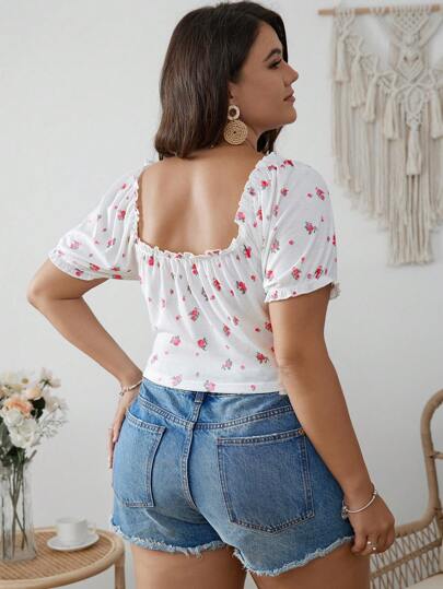 SHEIN VCAY размера плюс Футболка с цветочным принтом с узлом