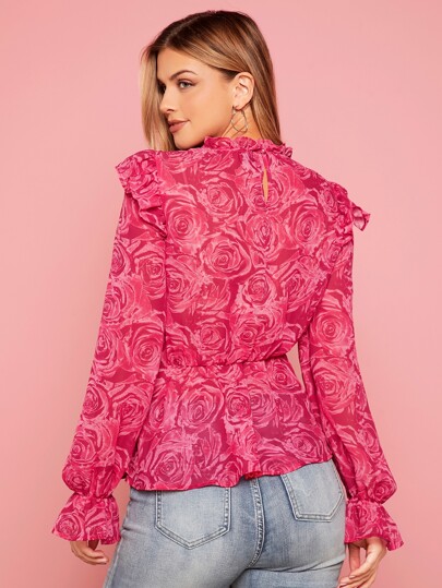 SHEIN Блуза с баской с цветочным принтом с оборкой с рукавами-воланами