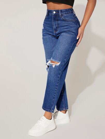 SHEIN PETITE Рваные джинсы-мом с высокой талией