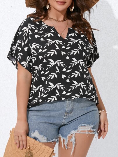 Plus Allover Print Notched Neckline Batwing Sleeve Blouse