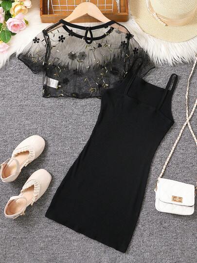 SHEIN для девочек с цветочной вышивкой сетчатый Топ & Платье на бретелях