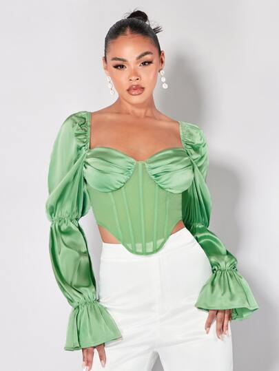 SHEIN BAE Блуза с глубоким декольте с рукавами-воланами с асимметричным подолом из атласа
