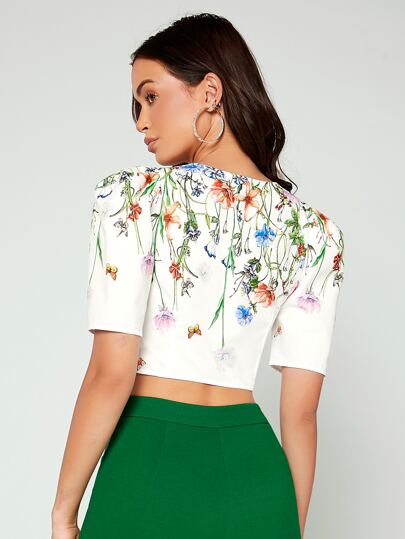 SHEIN Короткая блуза с принтом цветка и бабочки на шнурках