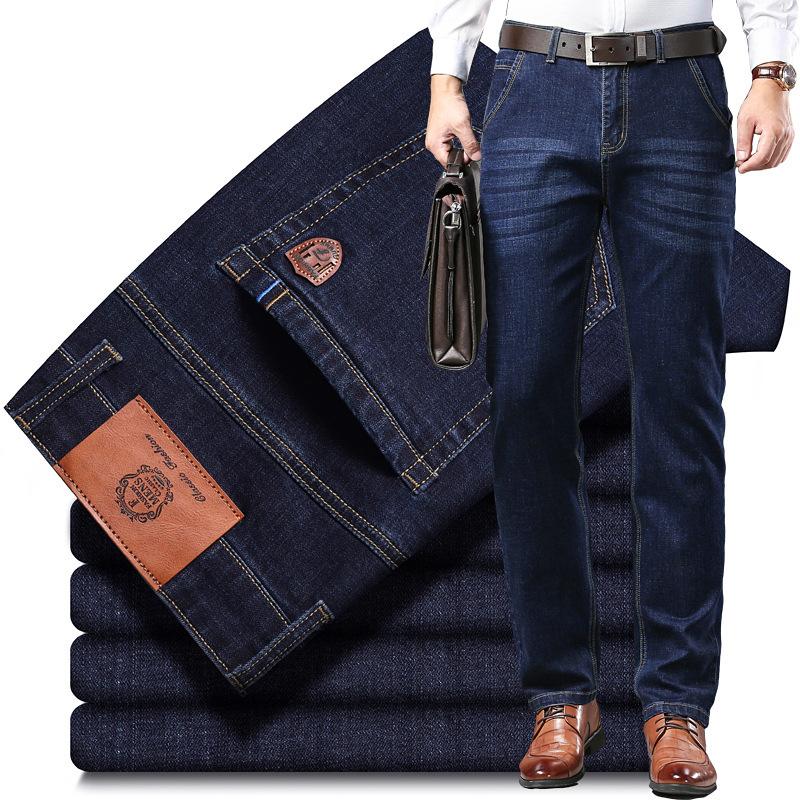 Стрейч Прямые Джинсовые Повседневные Брюки для Мужчин Не Мнущиеся Деловые Брюки для Джентльменов Среднего Возраста