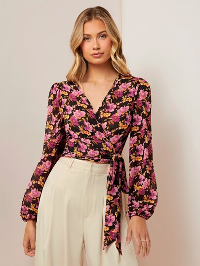 SHEIN Блузка с запахом с цветочным принтом с узлом