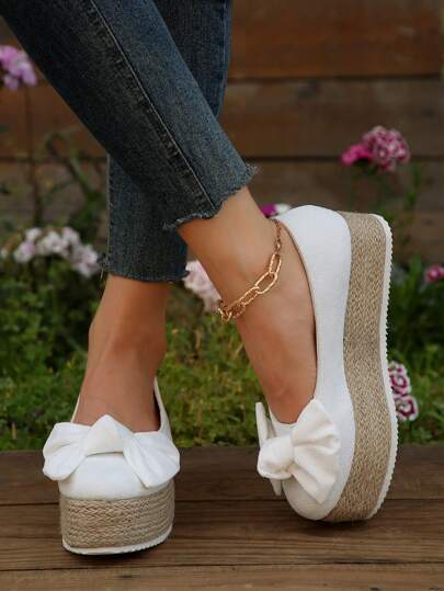 Women Bow Decor Espadrille Flatform Court Wedges, Vacation Outdoor Wedge Shoes