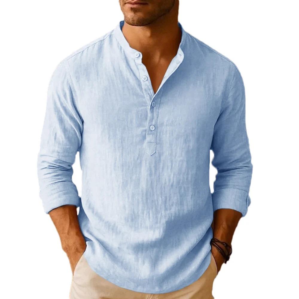 Легкая летняя рубашка-henley из льняной смеси для мужчин - Дышащая повседневная рубашка с длинным рукавом, однотонная, на пуговицах